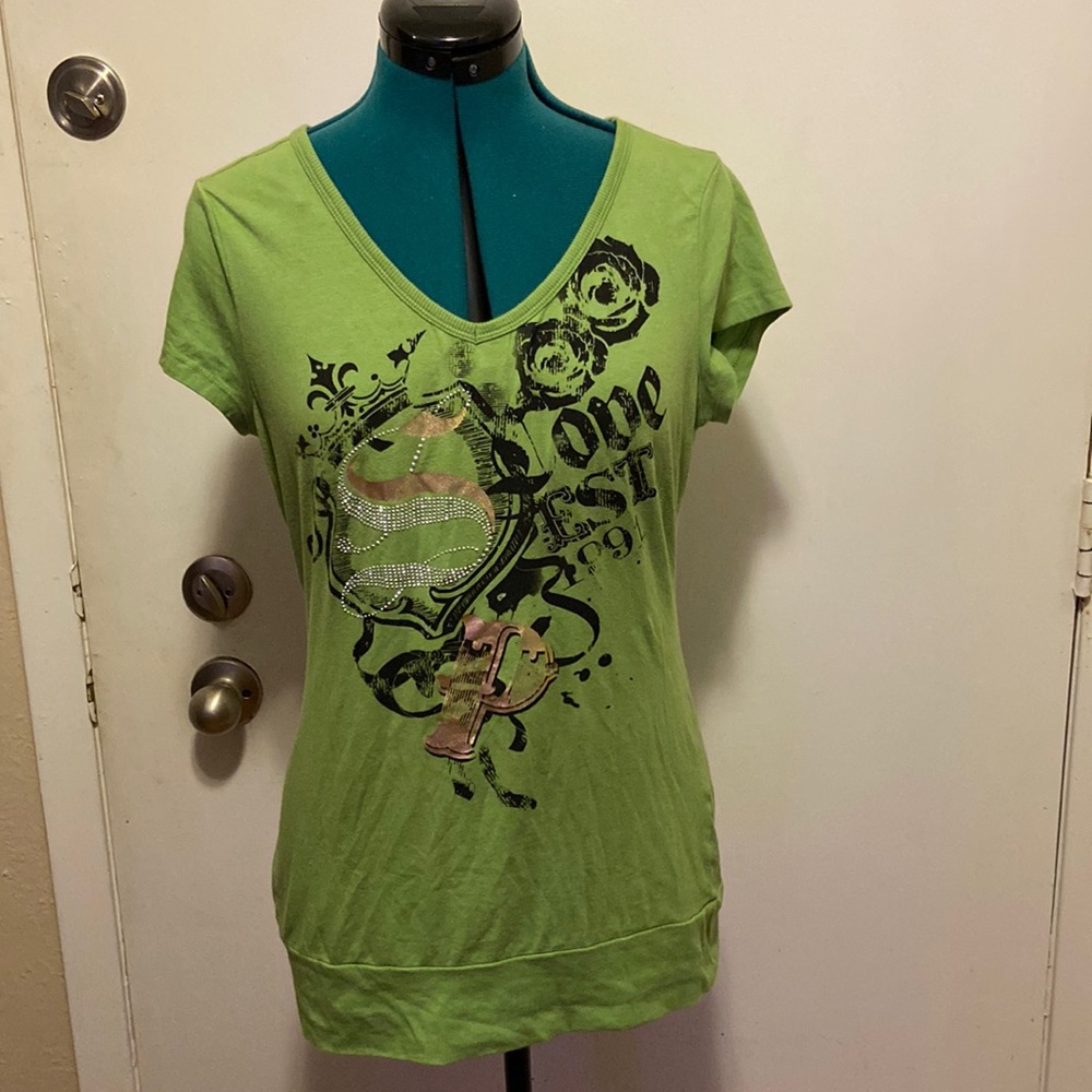 Vintage JR’s South Pole T-Shirt  size l short sleeve Green sparkly design front